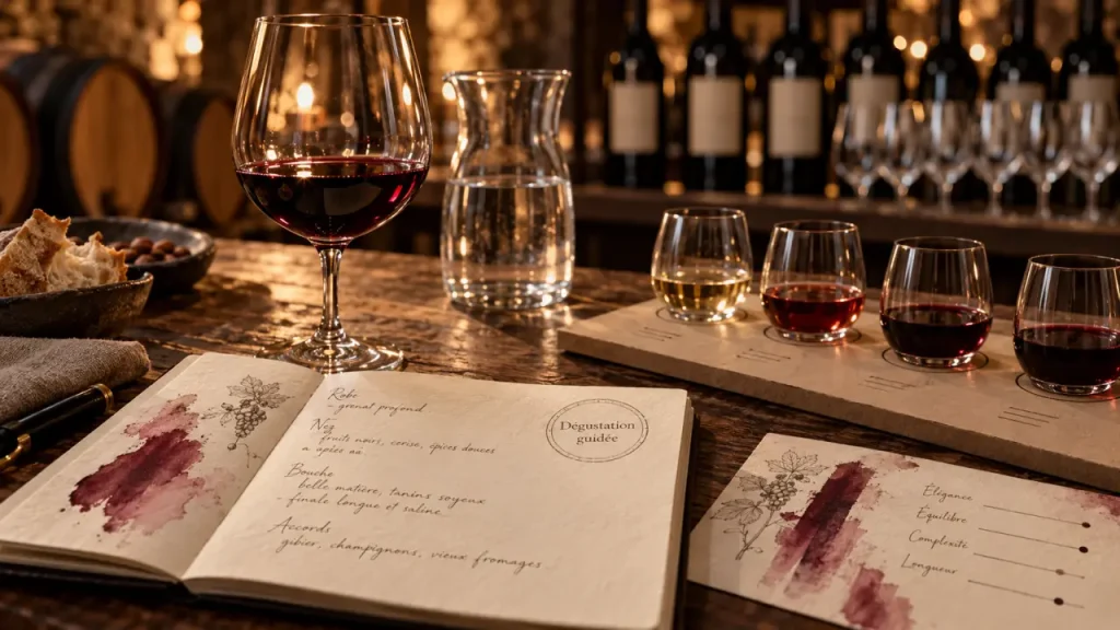 Cours oenologie lyon : dégustation guidée en cave, notes et vin rouge