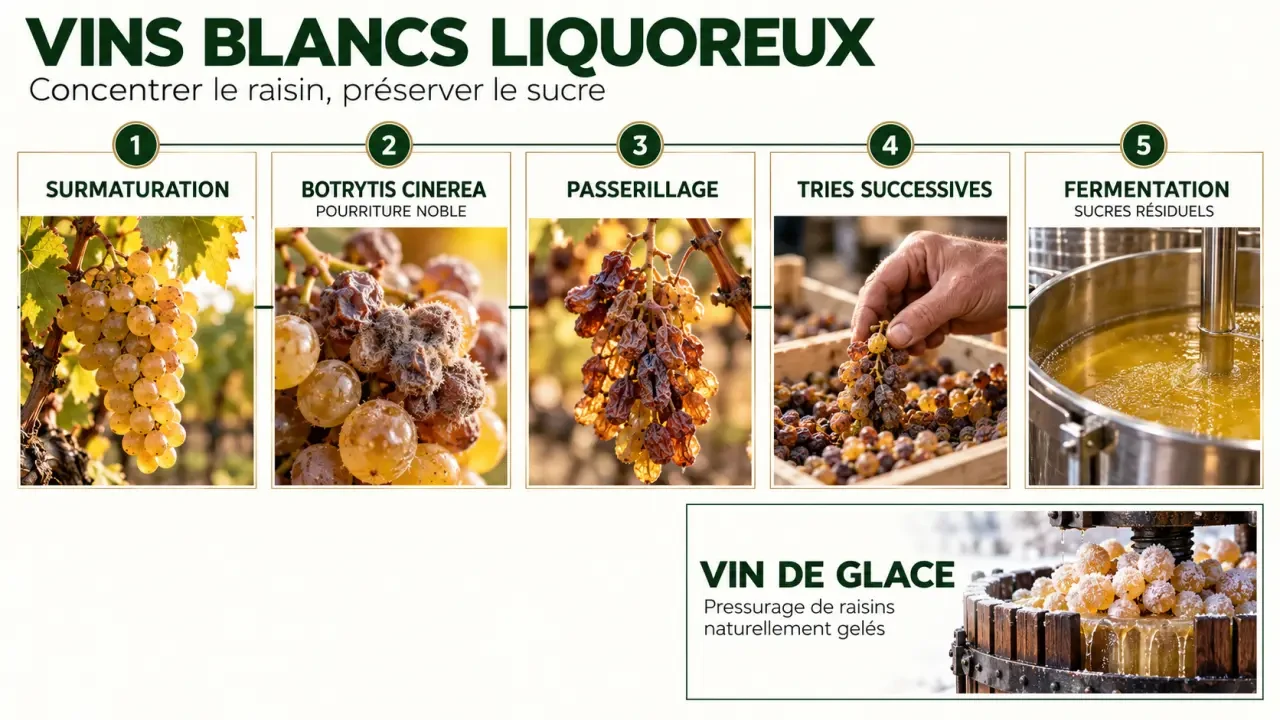 Schéma des méthodes de production d’un vin blanc liquoreux : botrytis, passerillage et tries successives