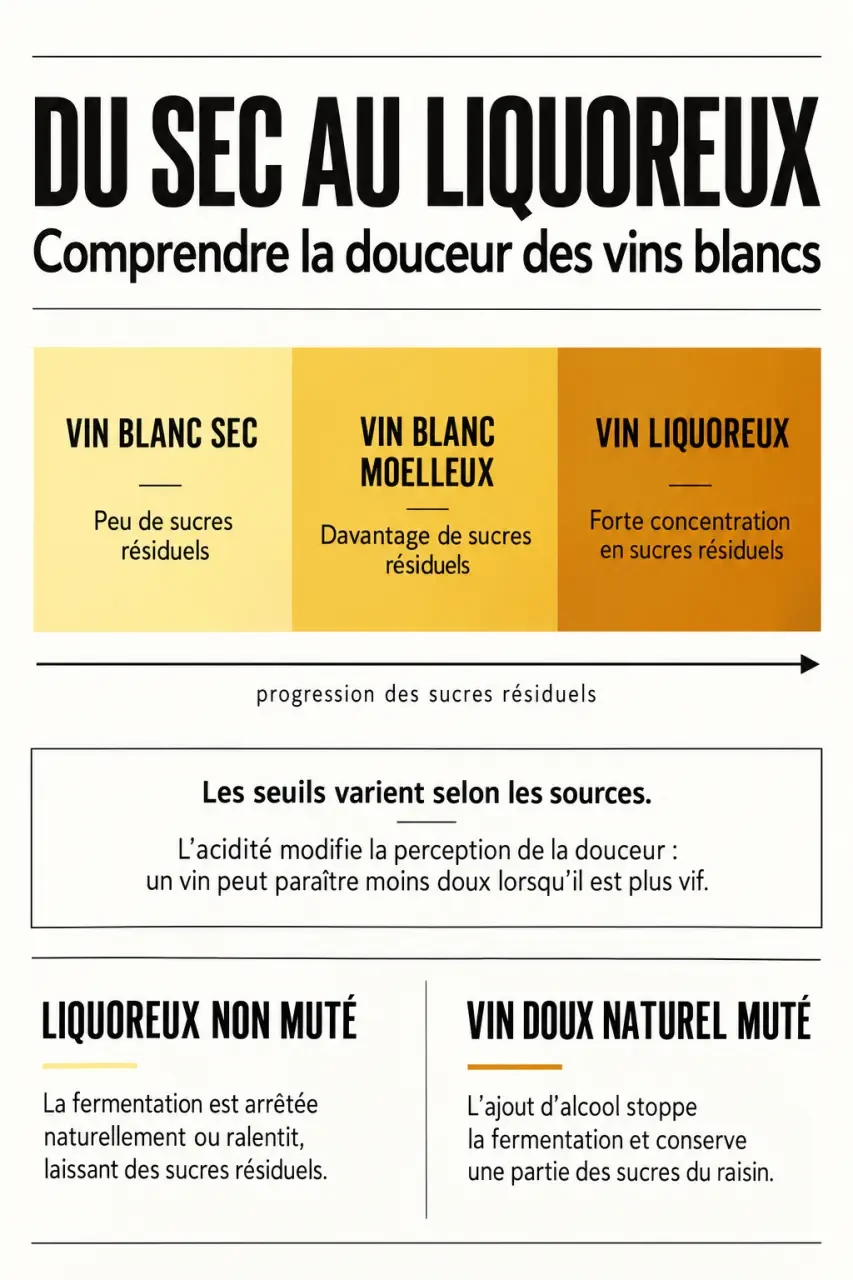 Comparaison entre vin blanc sec, moelleux et vin blanc liquoreux selon les sucres résiduels et l’acidité