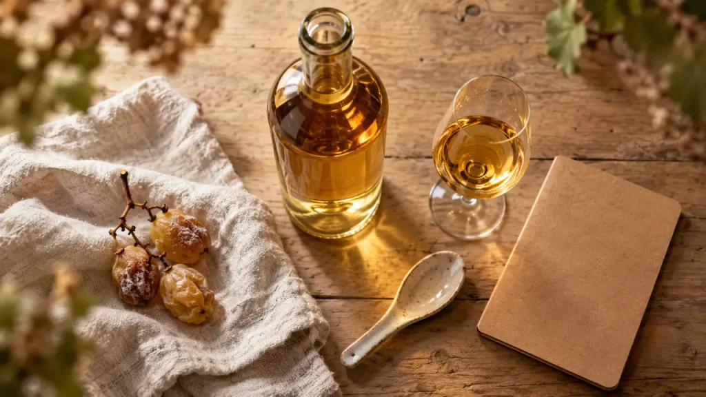 Vin blanc liquoreux doré, bouteille ouverte et grains de raisin botrytis