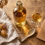 Vin blanc liquoreux doré, bouteille ouverte et grains de raisin botrytis