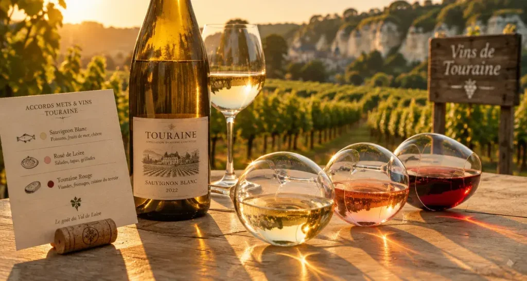 Vin de touraine : bouteille et verres, accords vins