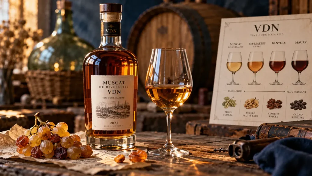 Photo vin doux naturel VDN : bouteille, verre doré et raisins muscat