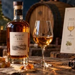 Photo vin doux naturel VDN : bouteille, verre doré et raisins muscat